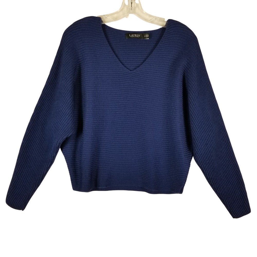Lauren Ralph Lauren Sweater Womens Large Navy Blue Ribbed V-Neck Dolman Pullover
